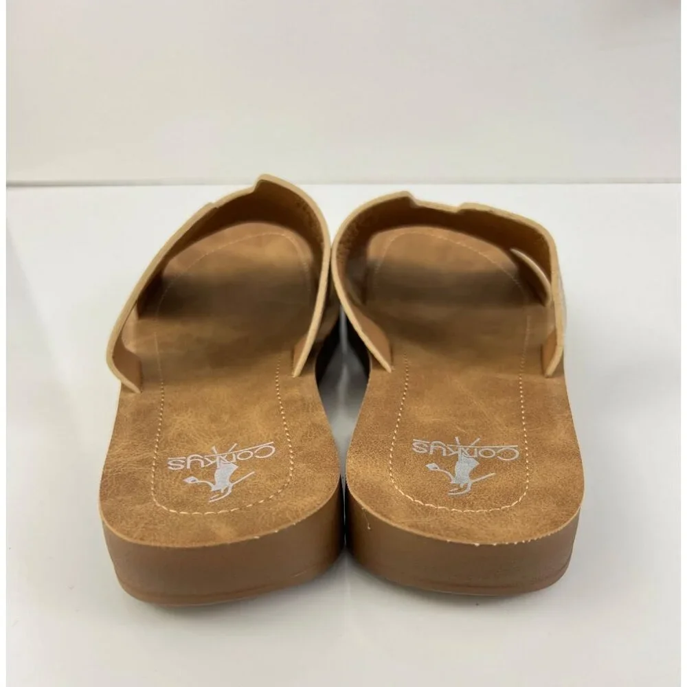 Corkys Sandals Women's 6 Bogalusa Slide Tan Faux Leather Open Toe Slip On Wedge - Picture 9 of 9